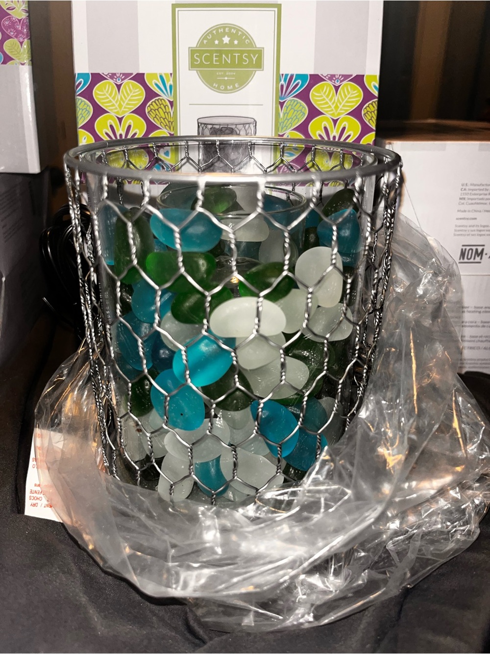 Scentsy Sea Stone Warmer with Blue and Green Glass Gems